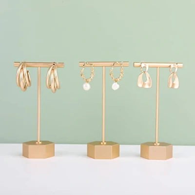 Image of GemeShou Gold Metal 3pcs earring T Stand, Retail Display holder for Show, Small Bar Jewelry Organizer Show Online Store Photography Props 【Gold Hexagon Base Height 11.5cm】
