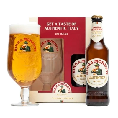 Image of Beer Gifts for Men Birra Moretti 330ml Bottle 4.5% ABV &amp; Glass Premium Lager Gift Set, Him, Christmas Ideal a Mans Birthday/Xmas Hamper Presents, Alcohol Sets