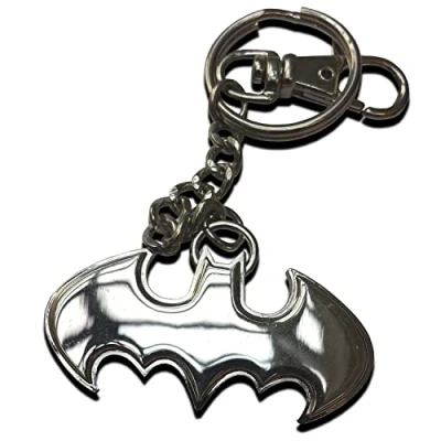 Image of The Noble Collection DC Batman Shaped Logo Keychain In Stainless Steel 3in (8.5cm) Sigil Film Set Movie Props Gifts for Family, Friends &amp; Fans