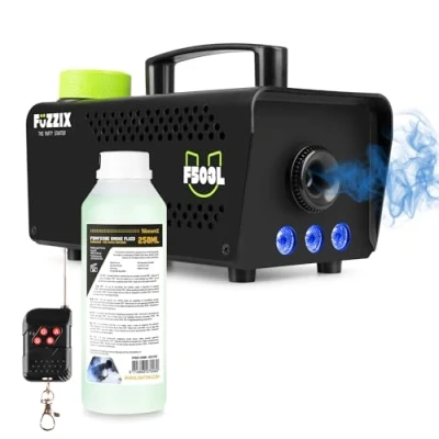 Image of Fuzzix F503L Smoke Machine with Built in RGB LED Lights, Wireless Remote Control and 250ml Green Fog Fluid for Halloween House Party