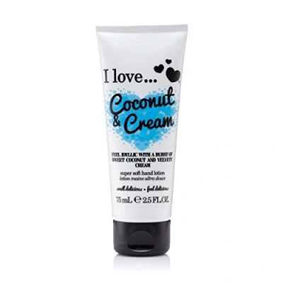 Image of I Love Coconut &amp; Cream Hand Lotion, Helps to Soothe Skin Relieves Dry Hands, Made With 87% Naturally Derived Ingredients For Soft Scented TravelSize Providing OnTheGo Moisture, 75ml