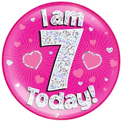 Image of OAKTREE UK 633087 6&quot; Jumbo Badge I am 7 Today Pink Holographic Dot