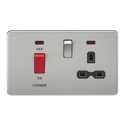 Image of KnightsBridge 2G 45A DP 230V Screwless Brushed Chrome Switch With Neon &amp; Socket Black Insert