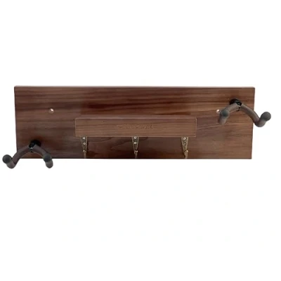 Image of Guitar Wall Mount,Solid Wood Hanger with 3 Storage Hooks and 2 Rotatable Rubber hanger,Guitar Display Stand Shelf Pick Holder for All Size Sapele Color