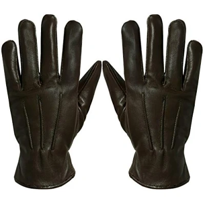 Image of Mens Designer Genuine Leather Touch Screen Thermal Winter Warm Driving Gloves Brown S