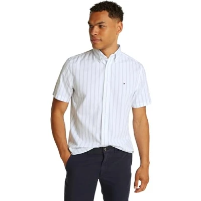 Image of Tommy Hilfiger Men’s Short Sleeve Flex Poplin Shirt, Multicolor (Sweet Blue/Optic White), XXL