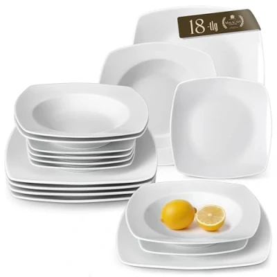 Image of MALACASA, Series Julia, 18 Piece Dinner Sets Ivory White Porcelain Square Plate with 6 Dessert Plates Soup and