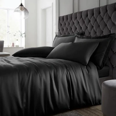 Image of Catherine Lansfield Silky Soft Satin Double Duvet Cover Set with Pillowcases Black