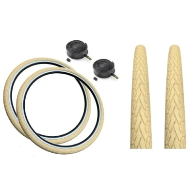 Image of Baldy&#039;s PAIR 700 x 35c CREAM Slick Road Tread Tyres &amp; Schrader Valve Inner Tubes For Hybrid Trekking Bikes (Pack of 2)