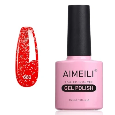 Image of AIMEILI Christmas Red Glitter Gel Nail Polish, UV/LED Soak Off Sparkly Shiny Polish French Gel, Lamp Art Manicure Salon DIY at Home, Long Lasting &amp; Easy to Apply 10ML (660)