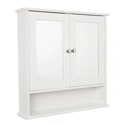 Image of Croydex WC271122 Anderson Double Door Mirror White wooden Cabinet with Fixed Open Shelf and Hang N Lock Fitting System, 13x56x58 cm