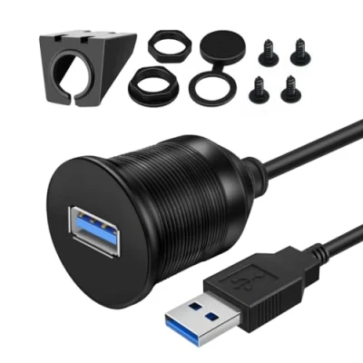 Image of USB 3.0 1M Male to Female Car Round Flush Dash Panel Mount Cable Extension for Car, Vehicle, Boat, Truck, Bike, Motorcycle, Yacht Dashboard Panels (1 Meter)