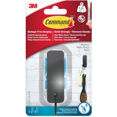 Image of Command Bath Medium Hook, Matte Black 1 Hook and 2 Water Resistant Strips Damage Free with Adhesive