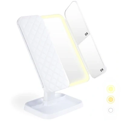 Image of JIANGLAI Makeup Vanity Mirror with 3 Color LED Lighting Modes, Tri Fold 1x 2x 3x Magnification, 180 Adjustable Touch Screen Lighted Mirror, Rechargeable High Definition Dressing Mirrors