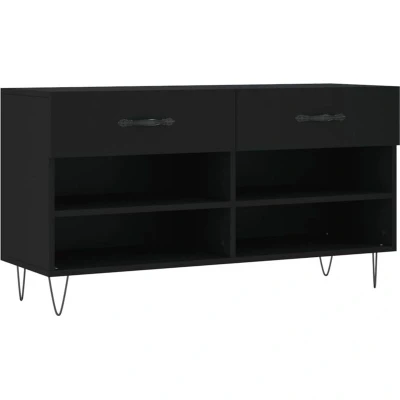 Image of vidaXL Modern Shoe Bench with Iron Feet, Black Engineered Wood, Ample 2 Drawers &amp; 4 Shelves Storage Unit, Convenient Seating for Entryway, Living Room