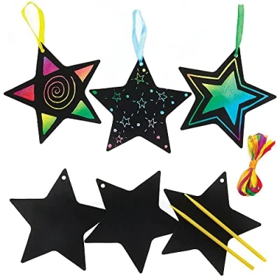 Image of Baker Ross FX260 Star Scratch Art Decorations Pack of 12, Craft Kits for Kids, Christmas Party and Bag Fillers