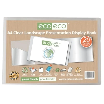 Image of eco A4 50% Recycled 20 Pocket Clear Landscape Presentation Display Book, Storage Case Portfolio Art Folder with Plastic Sleeves, eco175