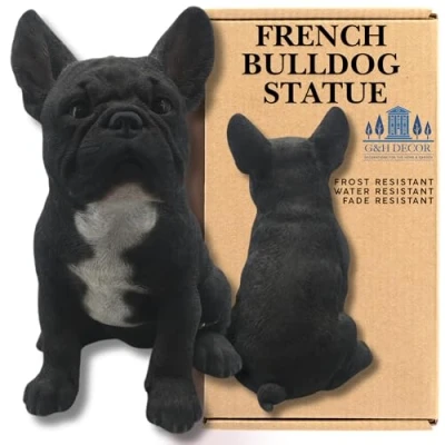 Image of G&amp;H Decor Realistic French Bulldog Statue Hand Painted 30cm Dog Figurine Intricate Detail Ornaments for Outdoor or Indoor Use Frost and Fade Resistant Gift (Black)