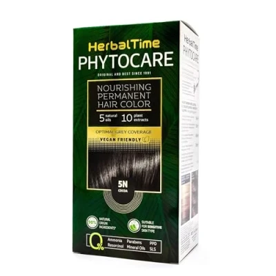 Image of Herbal Time Phytocare Permanent Hair Dye Color Cocoa 5N Professional Natural Kit Nourish and Protect Your Ammonia, PPD SLS Free 124.5 ml