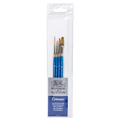 Image of Winsor &amp; Newton, Cotman Watercolour Synthetic Brushes, Short Handle, Pack of 4 (4 and 2 Round, 1 Rigger ,and 6mm One Stroke)