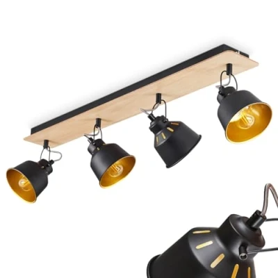 Image of ceiling light Safari, modern lamp made of metal/wood in black/chrome/gold/light brown, retro/vintage design, adjustable lampshades and effect, 4xE14, 4 flame, E14, without bulbs