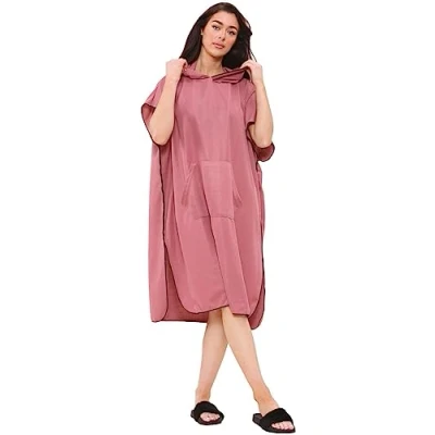 Image of True Face Beach Changing Robe With Pocket &amp; Hood Poncho Quick Dry For Unisex Adults Mens Womens To Change Wet Suit Surfing Swimming Lightweight Ponchos Dusty Rose