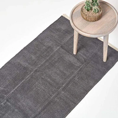 Image of HOMESCAPES Dark Grey Hallway Rug 100% Cotton Plain Modern Reversible Chenille Floor Mat with Natural Colour Trim Anti Shedding Soft Touch Washable, Runner, 66 x 200 cm (26&quot; 79&quot;)