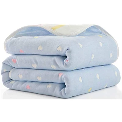 Image of Hayisugar Baby Swaddle Blankets 6 Layer Muslin Wrap 100% Cotton Stroller Cover Receiving Infant, Newborn Blanket for Crib, Travel, Outdoor, Blue Heart, 110x110cm