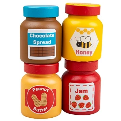 Image of Bigjigs Toys Wooden Jars &amp; Spreads (Chocolate, Honey, Peanut Butter Jam)
