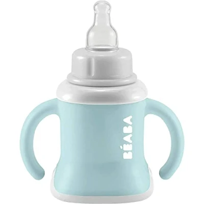 Image of BÉABA Baby Training Cup, Bottle/Water Bottle/Cup Function, Non leak, Easy Grip, Ergonomic, Straw, Evoluclip 3 in 1, Cap, Airy Green
