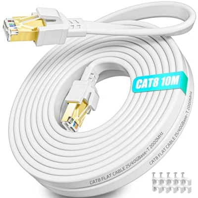 Image of Cat 8 Ethernet Cable 10m, High Speed 10 Meter Internet Flat Lan Network White Gigabit 40Gbps 2000MHz RJ45 10m Outdoor Indoor Patch Cord for Router Modem Switch PS4/5