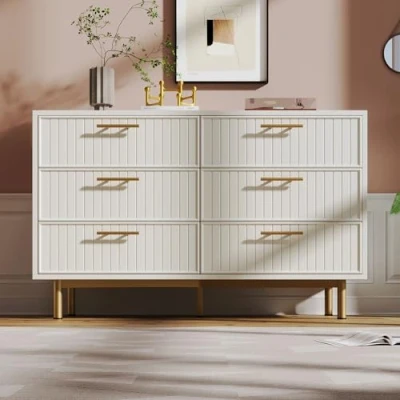 Image of BTM Sideboard Cabinet for Living Room, White Chest of Drawers with 6 Drawers, 40D x 120W 75H CM
