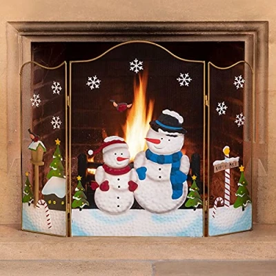 Image of CHRISTOW Christmas Fireguard Large Fireplace Screen, Arched Metal Mesh Fire Screen H61cm (Snowman)