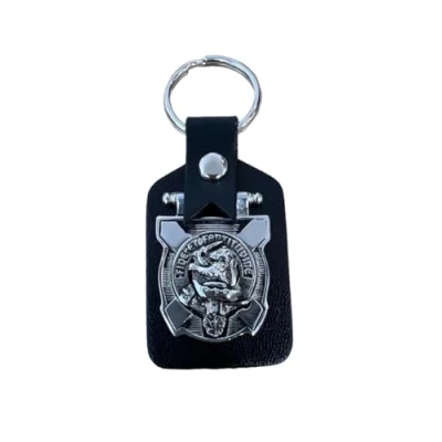 Image of Kilts Wi Hae Farquharson Clan Crest Pewter &amp; Leather Keyring Key Fob