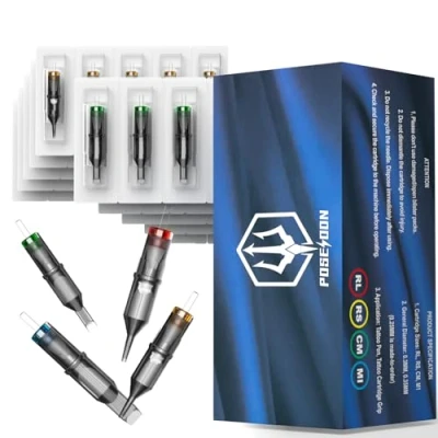 Image of Poseidon Tattoo Cartridge Needles 50Pcs Assorted Mixed Size Round Liner Shader Magnum Curved/Round Mag 5rl 7rl 9rl 5rs 7rs 9rs 15m1 21m1 15cm 21cm Disposable Membrane