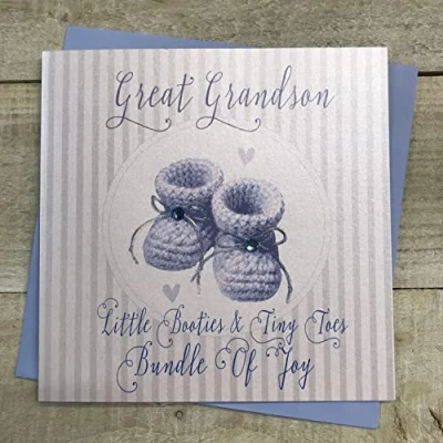 Image of WHITE COTTON CARDS Little Booties &amp; Tiny Toes Bundle of Joy, Handmade New Baby Boy Card (Grandson, Blue Booties), 16cm x
