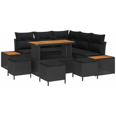 Image of vidaXL 9 Piece Garden Sofa Set with Cushions Black Poly Rattan Acacia