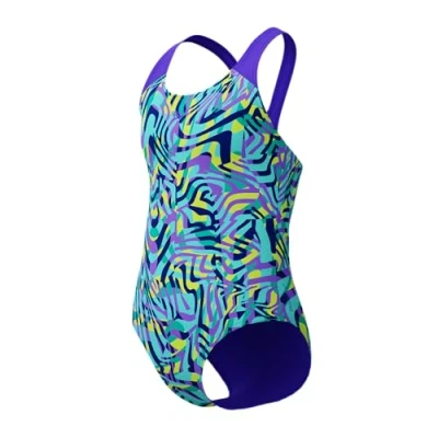Image of Speedo Girls Digital Allover Splashback Swimsuit Swimming Costume Blue Purple Size 11 12 Years