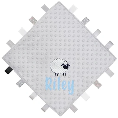Image of TeddyT&#039;s Personalised Embroidered Sheep Baby Taggy Blanket Comforter (Grey) (Baby Blue)