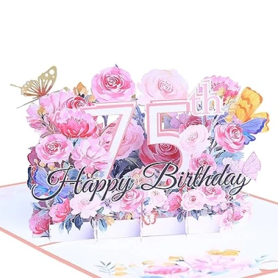Image of Happy 75th Birthday Card, 3D Flower Pop Up Greeting Cards, Cards with Envelope and Note Anniversary Card,Birthday Gift for Women Men