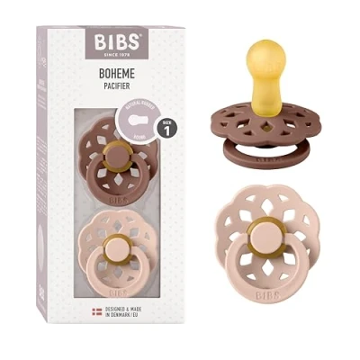 Image of BIBS Boheme Soother 2 Pack. BPA Free. Round Nipple, Size 1 (0 6 Months), Woodchuck/Blush