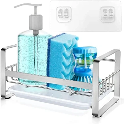 Image of Wuudi Kitchen Organiser Sink with Removable Drain Tray, Stainless Steel Sponge Holder,Tidy Rack Caddy