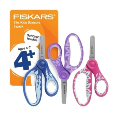 Image of Fiskars 5&quot; SoftGrip Blunt Tip Scissors for Kids Ages 4 7 (3 Pack), School or Crafting, Back to Supplies, Blue, Purple, and Pink Designs