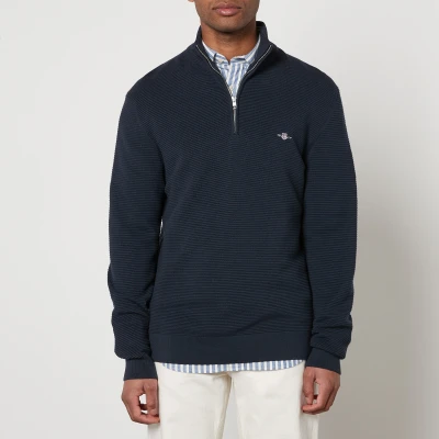Image of Gant Mens Textured Cotton Half Zip Jumper in Blue Size Small