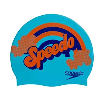 Image of Speedo SPEFT Unisex Child Junior Slogan Cap Aqua Splash/Navy/Pure Orange, One Size