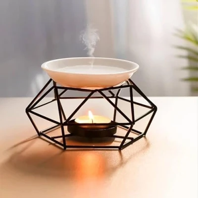 Image of Geometric Metal Wax Burner with Ceramic Dish, Aromatherapy Essential Oil Diffuser