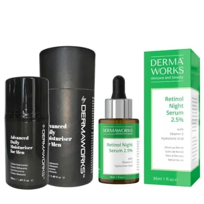 Image of Men’s Anti aging Skincare Gift Set: Expert Face Cream Moisturiser with Vitamin E 50ml + Resurfacing Retinol Serum Hyaluronic acid Hydrating Renewing Pro Collagen DERMAWORKS Skin Care UK