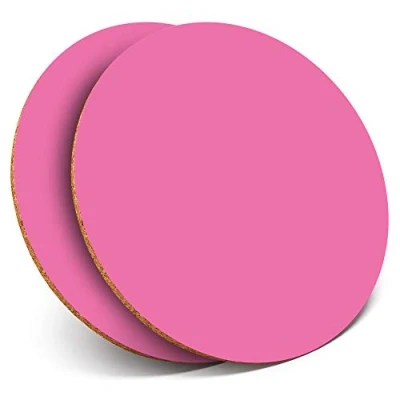 Image of 2 x Round Coasters Bright Pink Colour Block Cork Backed Home Kitchen Accessory Tea Coffee Mug Mat #44456
