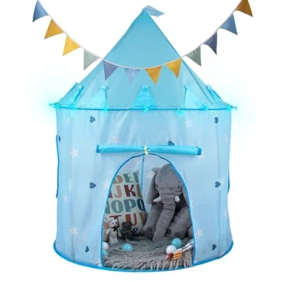 Image of RELSY Soft Blue Pop Up Tent For Kids Includes 3 Metre LED Lights &amp; Bunting, Boy Play Mongolian Castle Style, 135 x 100cm