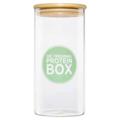 Image of The Original Protein Box with Bamboo Lid Powder Storage Container Airtight Made of Glass Silicone Ring Tin 0.5 kg